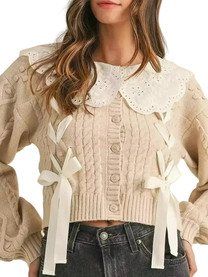 Women's Cable Knit Cardigan with Eyelet Collar and Ribbon Ties