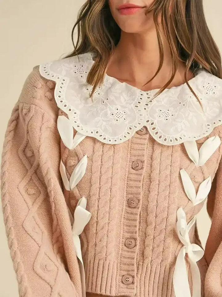 Women's Cable Knit Cardigan with Eyelet Collar and Ribbon Ties