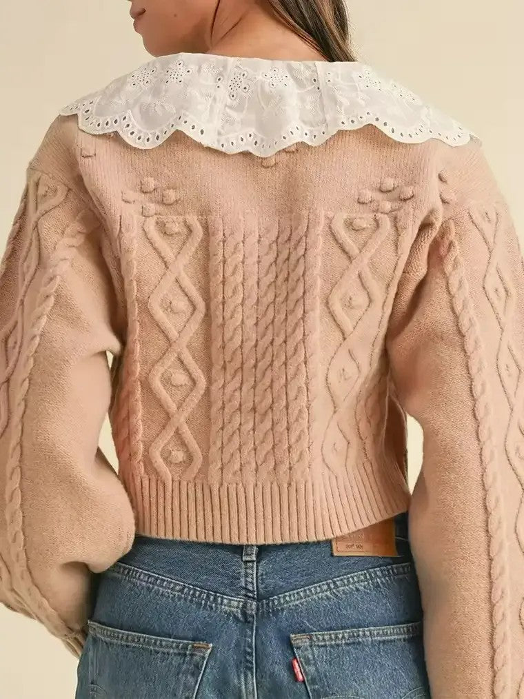 Women's Cable Knit Cardigan with Eyelet Collar and Ribbon Ties