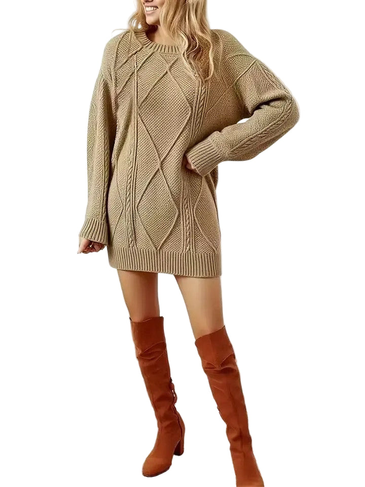 Women's Cable Knit Sweater Dress with V-Neckline