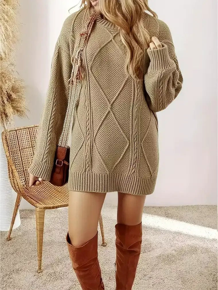 Women's Cable Knit Sweater Dress with V-Neckline