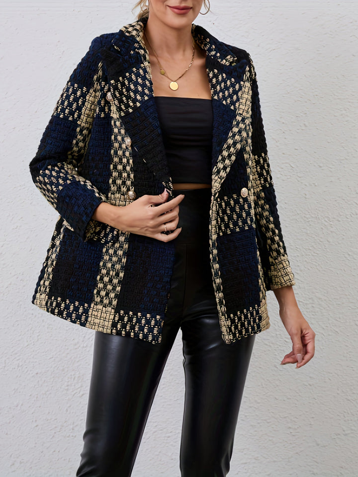 Women's Check Pattern Jacket with Lapel Collar and Button Closure