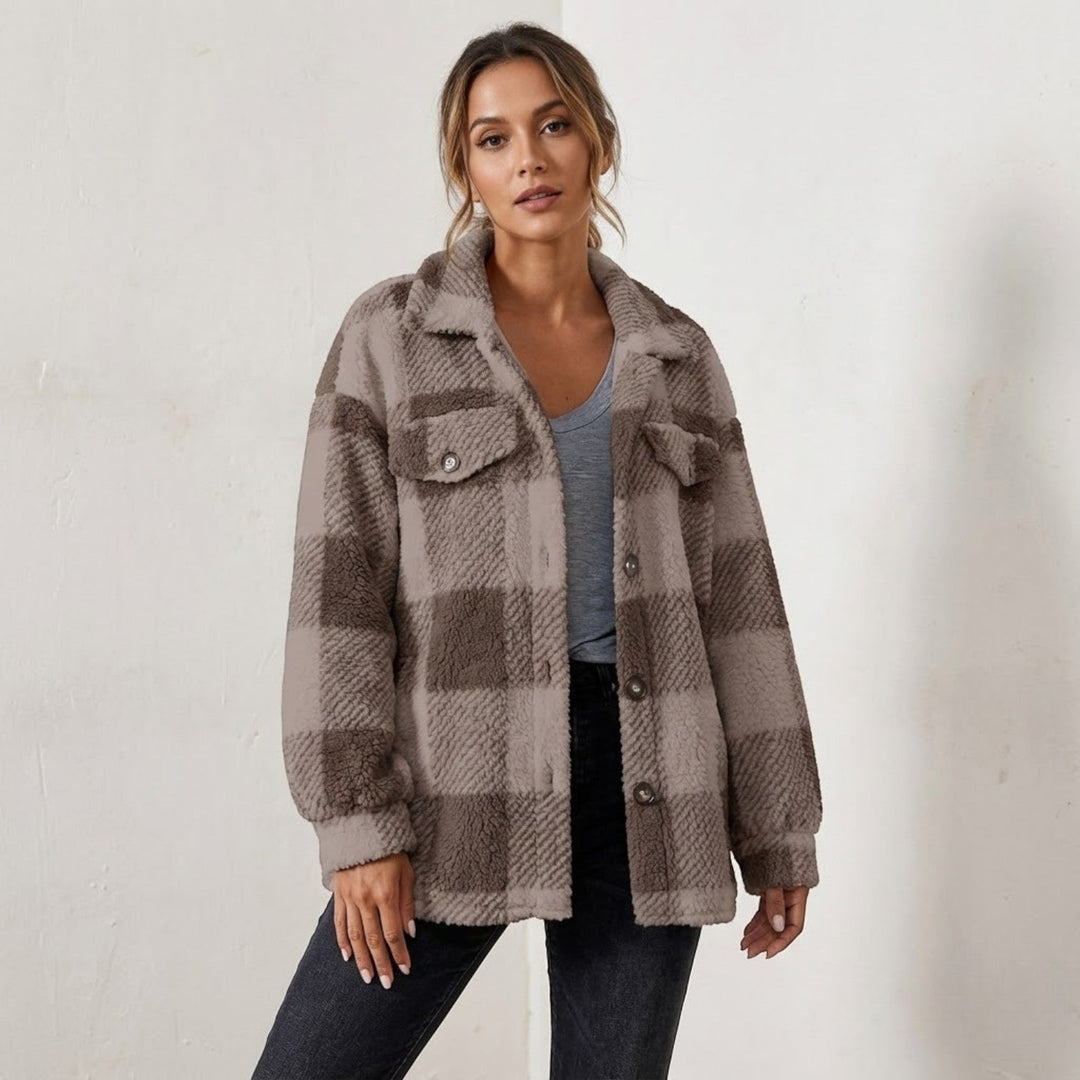 Women's Checked Button-Front Jacket with Collar and Chest Pockets