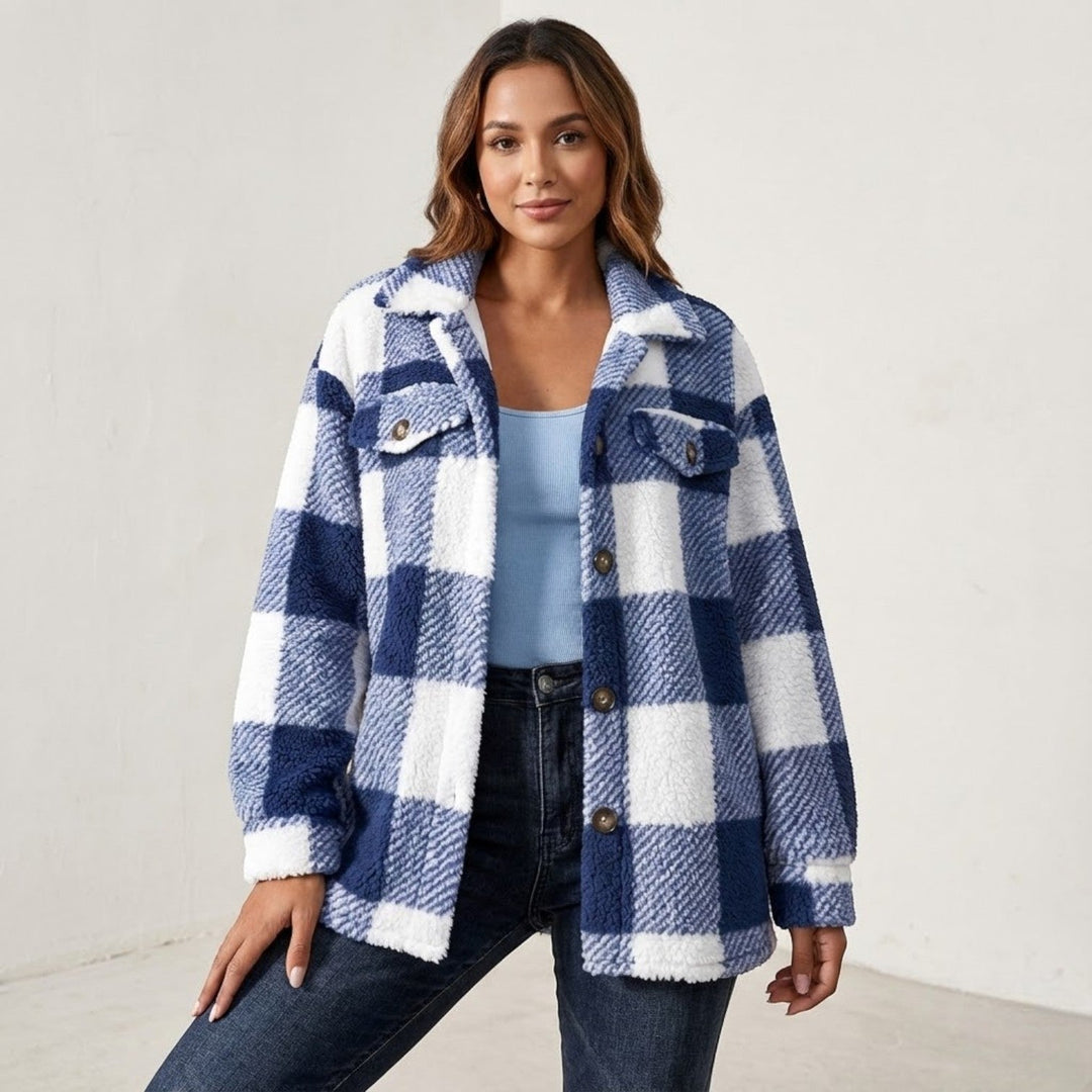 Women's Checked Button-Front Jacket with Collar and Chest Pockets