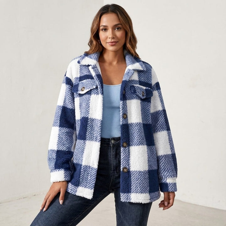 Women's Checked Button-Front Jacket with Collar and Chest Pockets