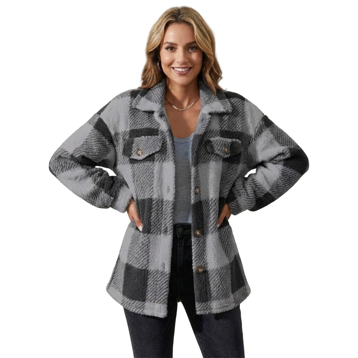 Women's Checked Button-Front Jacket with Collar and Chest Pockets