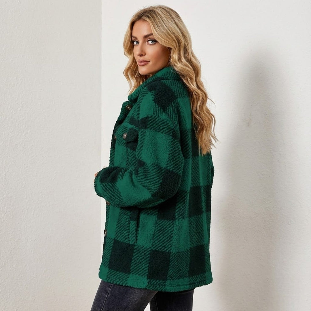 Women's Checked Button-Front Jacket with Collar and Chest Pockets