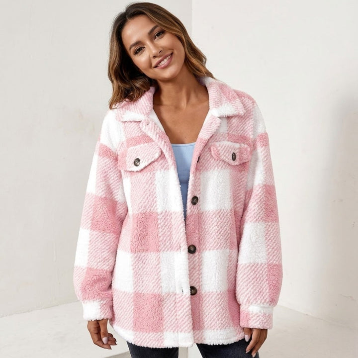 Women's Checked Button-Front Jacket with Collar and Chest Pockets