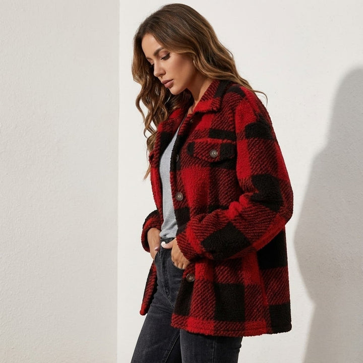 Women's Checked Button-Front Jacket with Collar and Chest Pockets