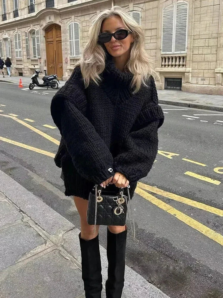 Women's Chunky Knit Roll Neck Jumper with Long Sleeves and Ribbed Cuffs