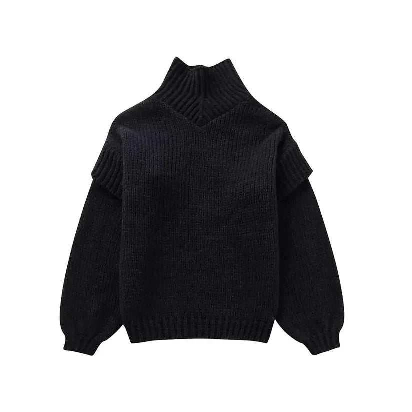 Women's Chunky Knit Roll Neck Jumper with Long Sleeves and Ribbed Cuffs