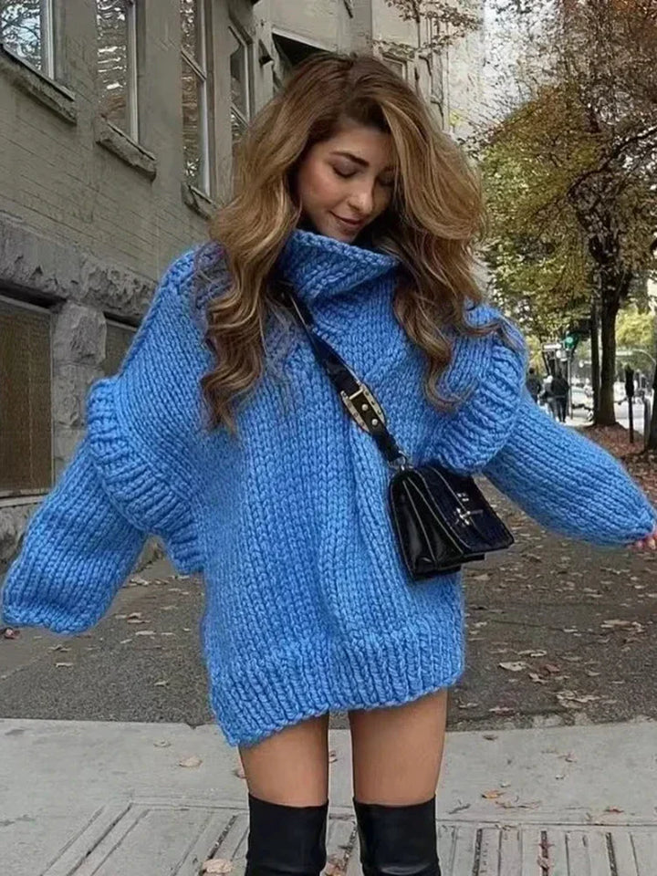 Women's Chunky Knit Roll Neck Jumper with Long Sleeves and Ribbed Cuffs