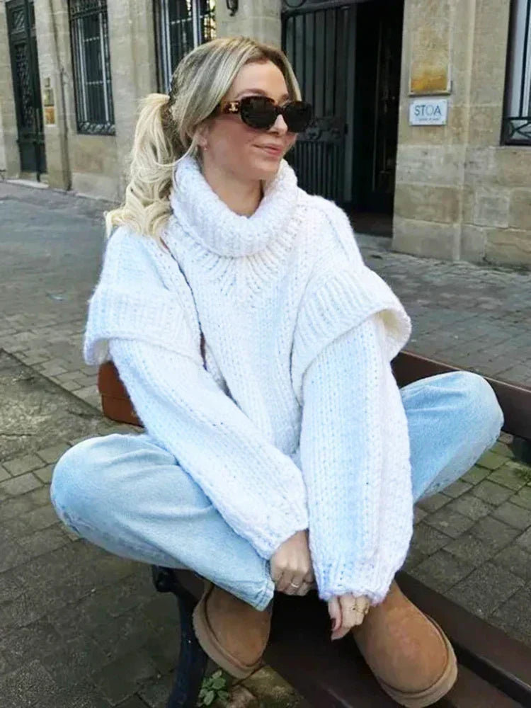 Women's Chunky Knit Roll Neck Jumper with Long Sleeves and Ribbed Cuffs