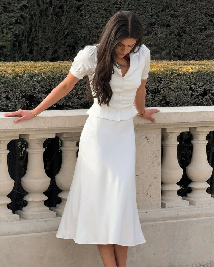 Women's Collared Top and Midi Skirt Set with Ruffle Hem