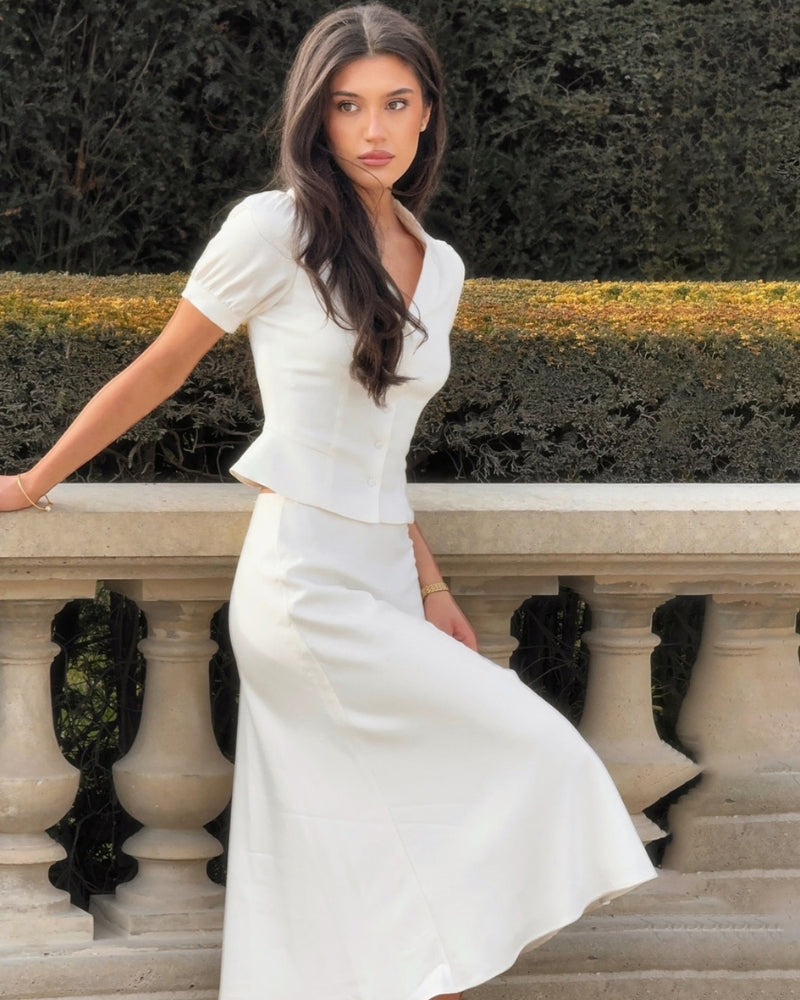 Women's Collared Top and Midi Skirt Set with Ruffle Hem