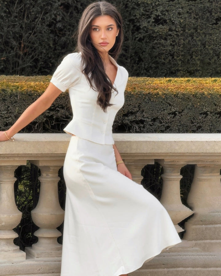 Women's Collared Top and Midi Skirt Set with Ruffle Hem