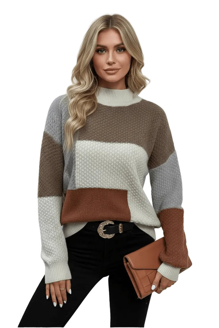 Women's Colour Block Crew Neck Jumper with Ribbed Cuffs and Hem