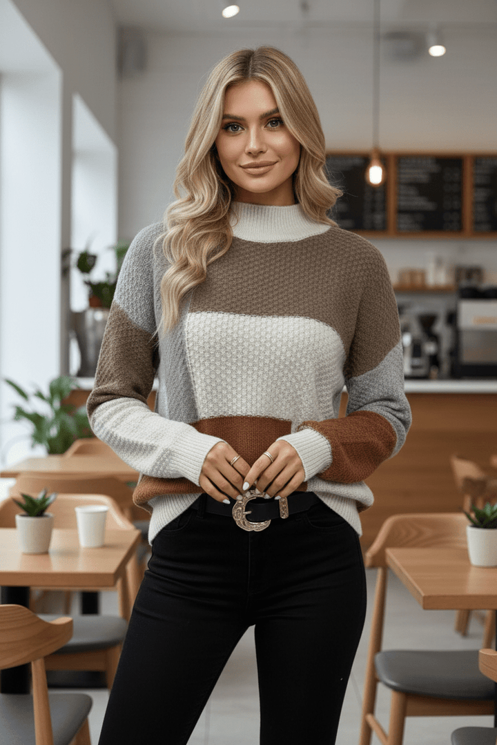 Women's Colour Block Crew Neck Jumper with Ribbed Cuffs and Hem