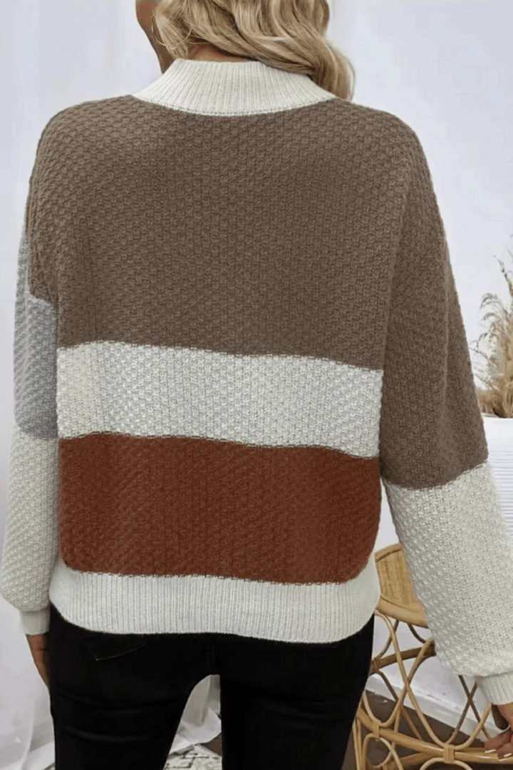 Women's Colour Block Crew Neck Jumper with Ribbed Cuffs and Hem