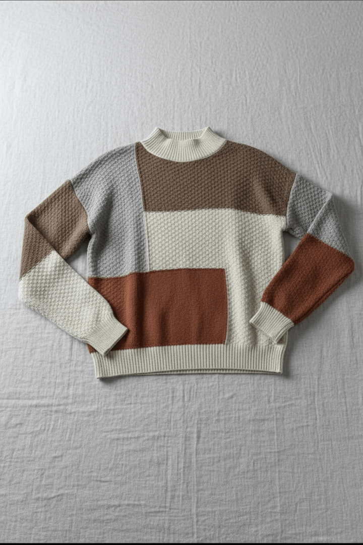 Women's Colour Block Crew Neck Jumper with Ribbed Cuffs and Hem