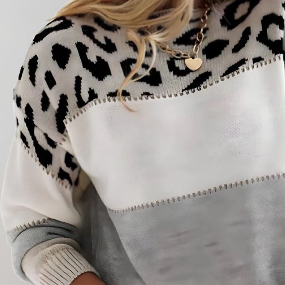 Women's Colour Block Jumper with Leopard Print Panel