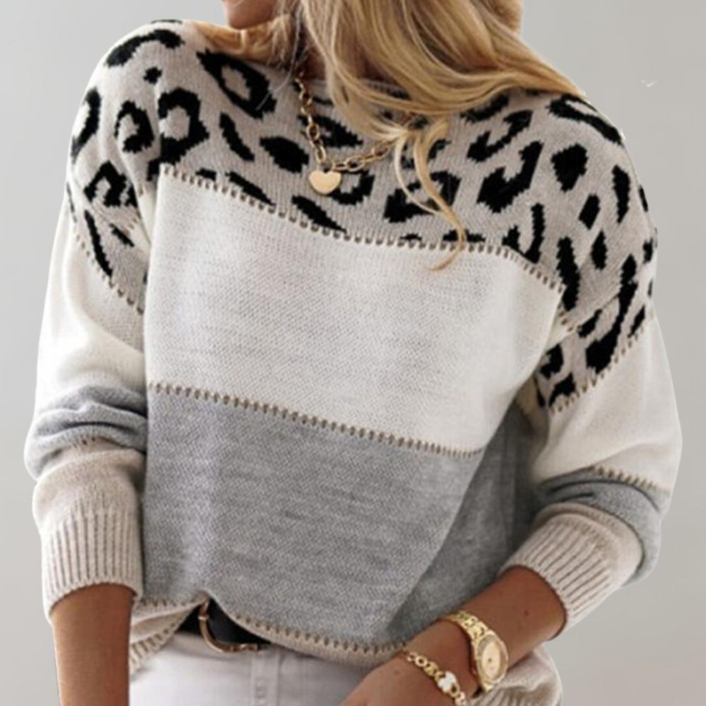 Women's Colour Block Jumper with Leopard Print Panel