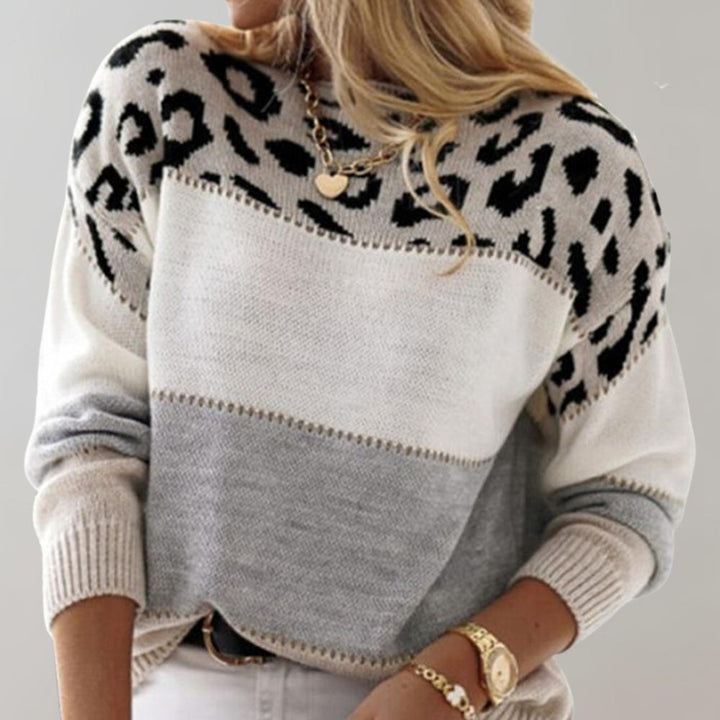 Women's Colour Block Jumper with Leopard Print Panel
