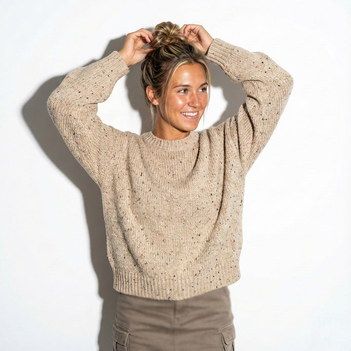 Women's Crew Neck Jumper with Marled Knit Texture and Long Sleeves