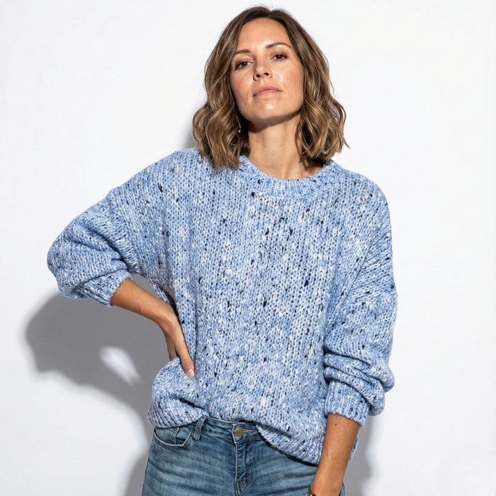 Women's Crew Neck Jumper with Marled Knit Texture and Long Sleeves