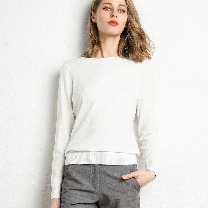 Women's Crew Neckline Jumper with Long Sleeves and Ribbed Hem