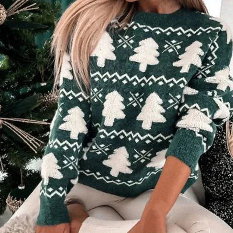 Women's Crew Neckline Sweater with Christmas Tree Pattern
