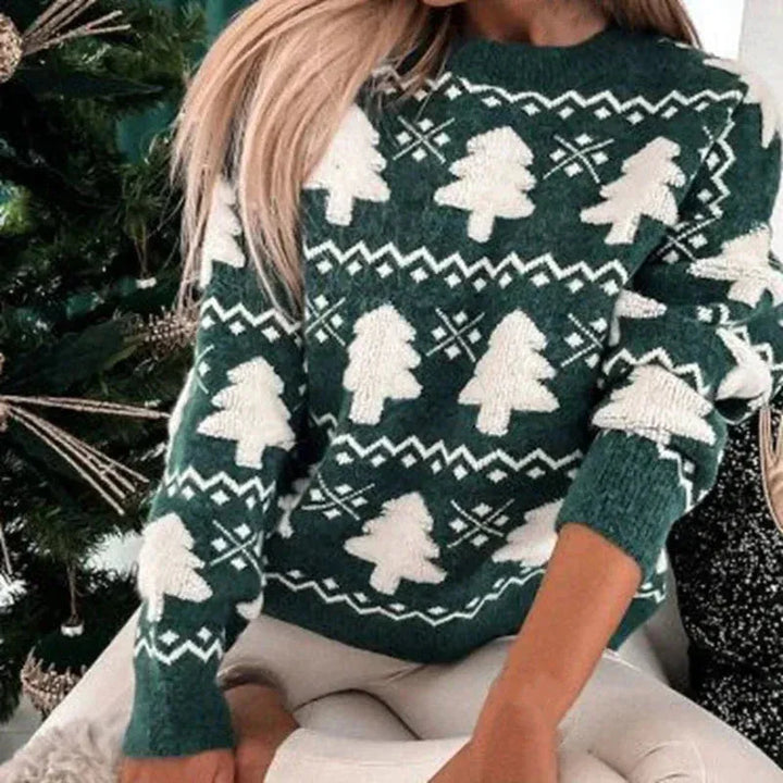 Women's Crew Neckline Sweater with Christmas Tree Pattern