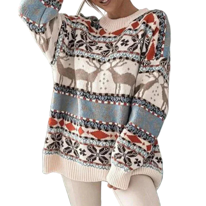 Women's Crew Neckline Sweater with Deer and Snowflake Pattern