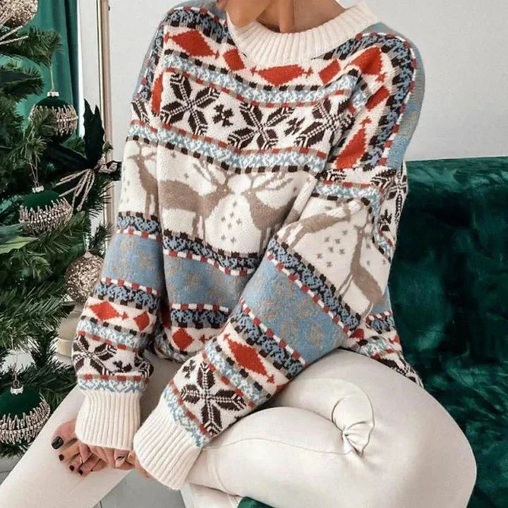 Women's Crew Neckline Sweater with Deer and Snowflake Pattern