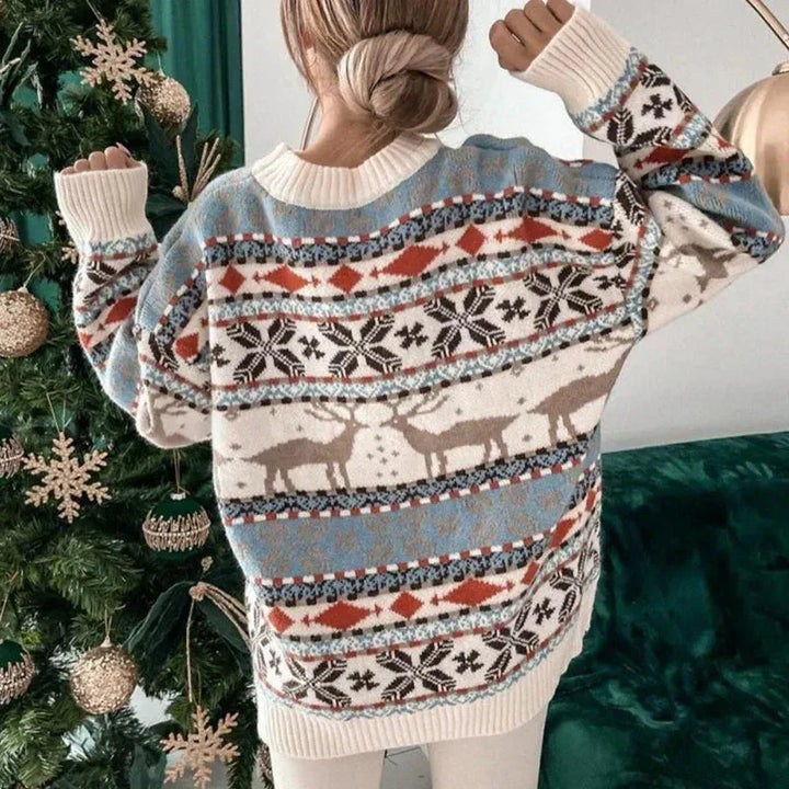 Women's Crew Neckline Sweater with Deer and Snowflake Pattern