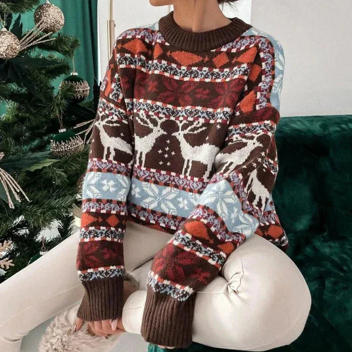 Women's Crew Neckline Sweater with Deer and Snowflake Pattern