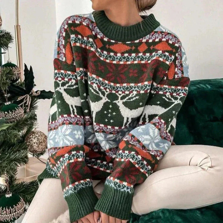 Women's Crew Neckline Sweater with Deer and Snowflake Pattern