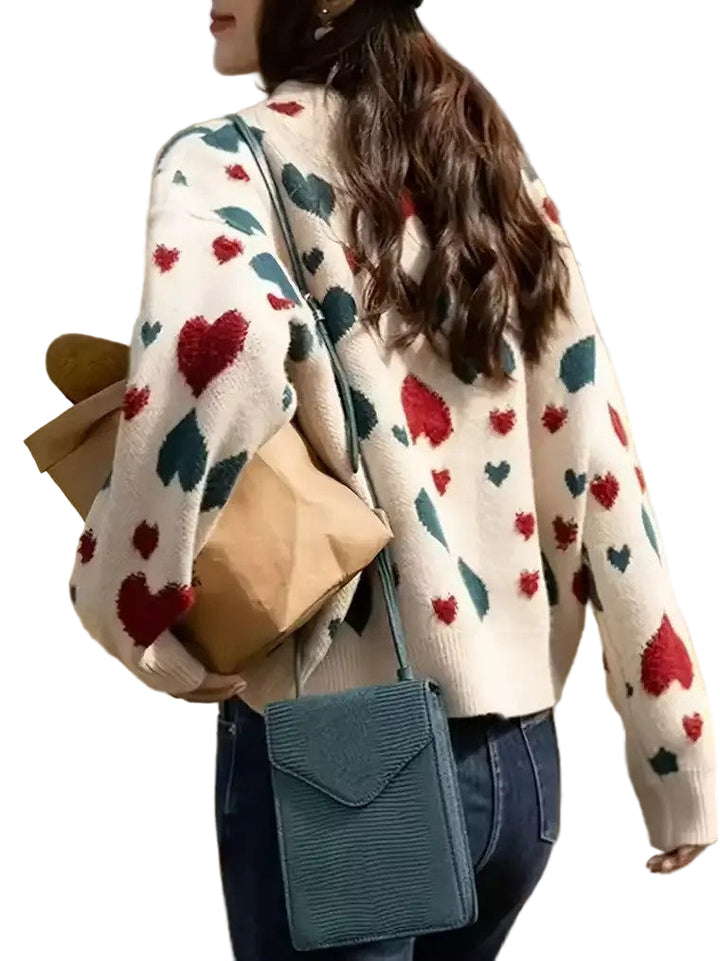 Women's Crew Neckline Sweater with Heart Motif and Long Sleeves