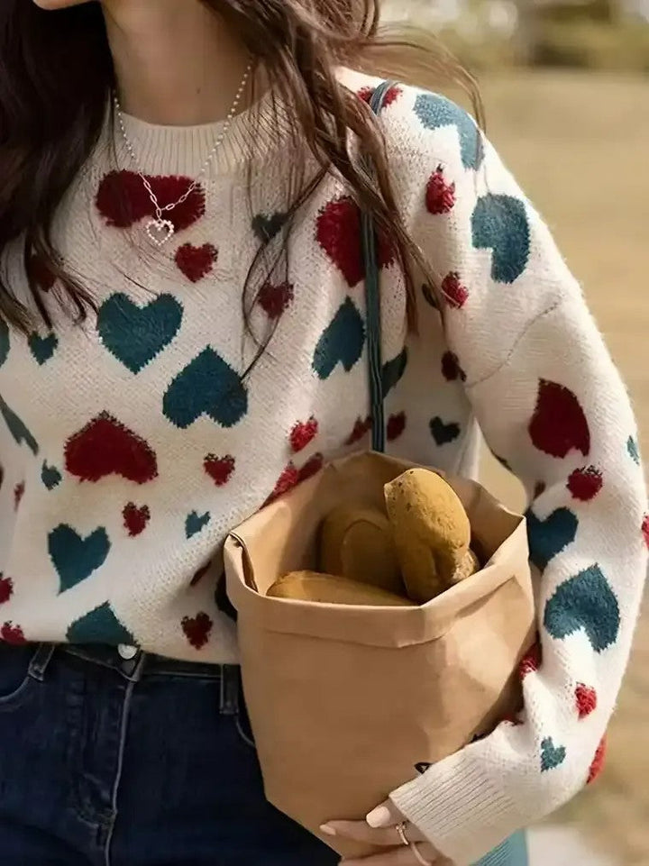 Women's Crew Neckline Sweater with Heart Motif and Long Sleeves