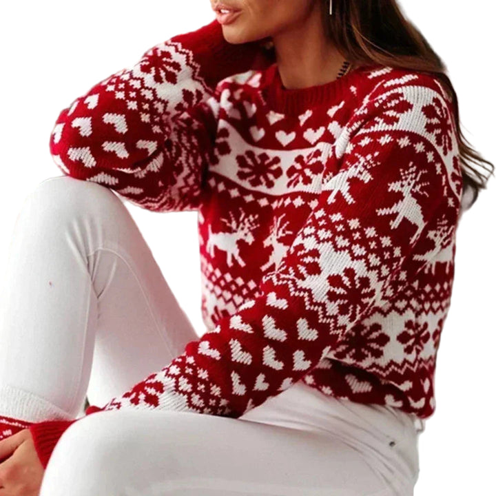 Women's Crew Neckline Sweater with Reindeer and Snowflake Pattern