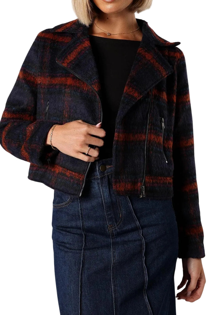 Women's Cropped Plaid Zip-Front Jacket with Stand Collar and Long Sleeves