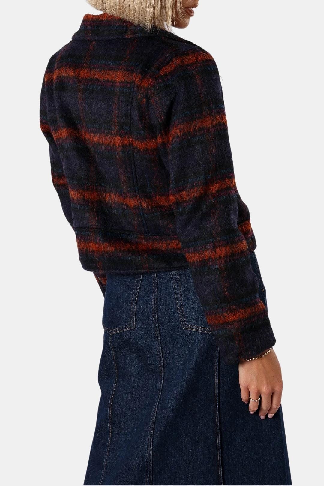 Women's Cropped Plaid Zip-Front Jacket with Stand Collar and Long Sleeves