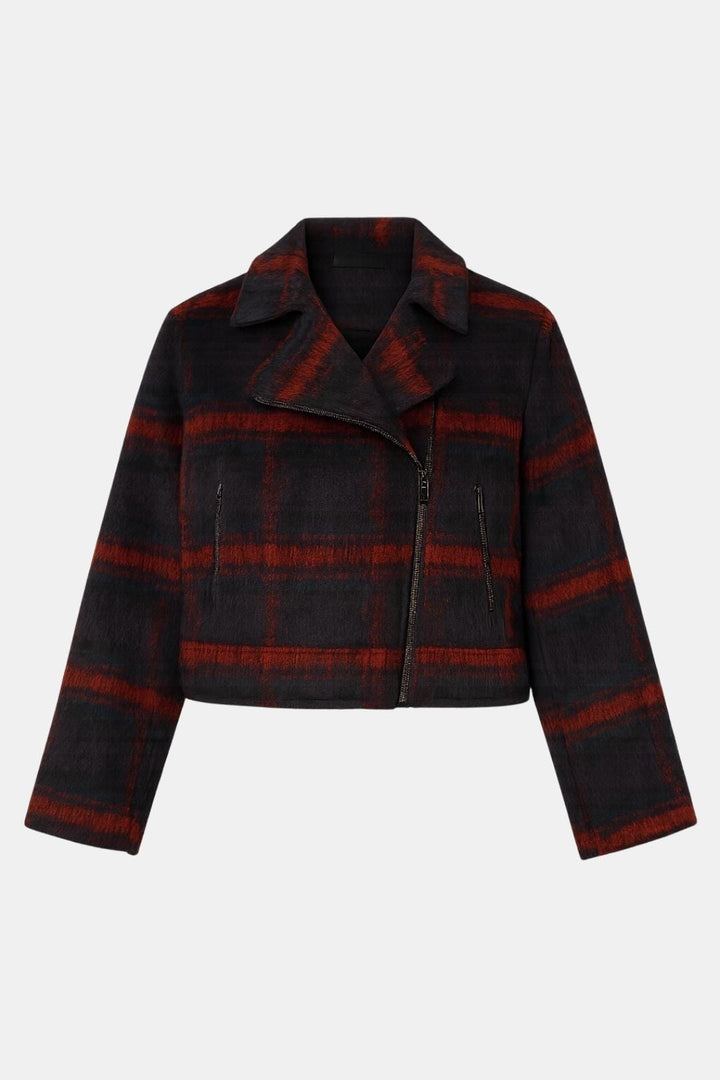 Women's Cropped Plaid Zip-Front Jacket with Stand Collar and Long Sleeves
