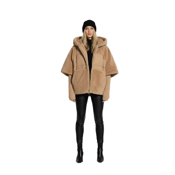 Women's Cropped Quilted Hooded Jacket with Snap-Button Front and Ribbed Knit Sleeves