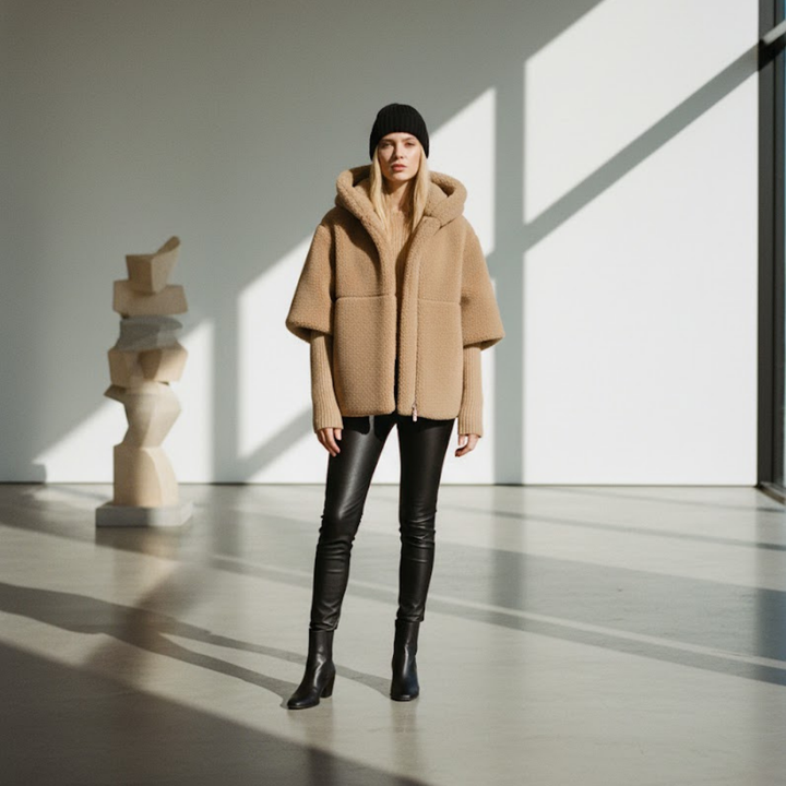 Women's Cropped Quilted Hooded Jacket with Snap-Button Front and Ribbed Knit Sleeves