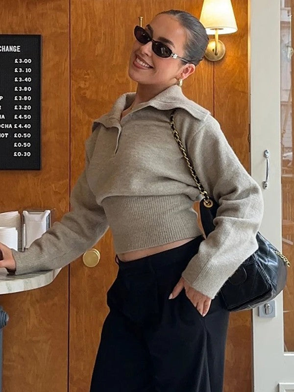 Women's Cropped Sweater with High Neckline and Long Sleeves