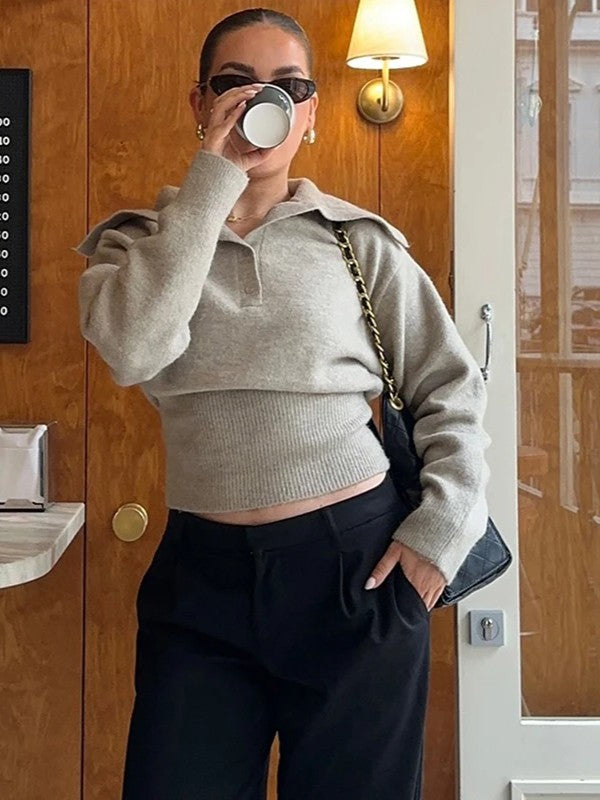 Women's Cropped Sweater with High Neckline and Long Sleeves