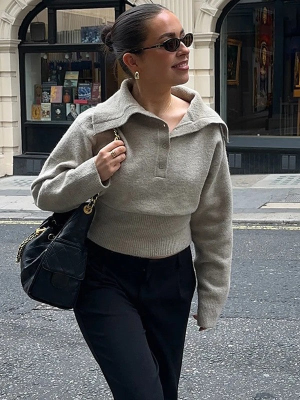 Women's Cropped Sweater with High Neckline and Long Sleeves