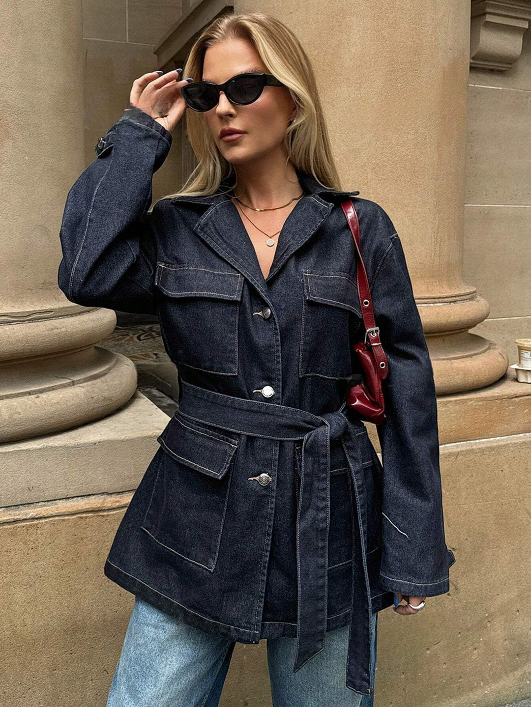 Women's Denim Jacket with Lapel Collar and Chest Pockets with Removable Belt