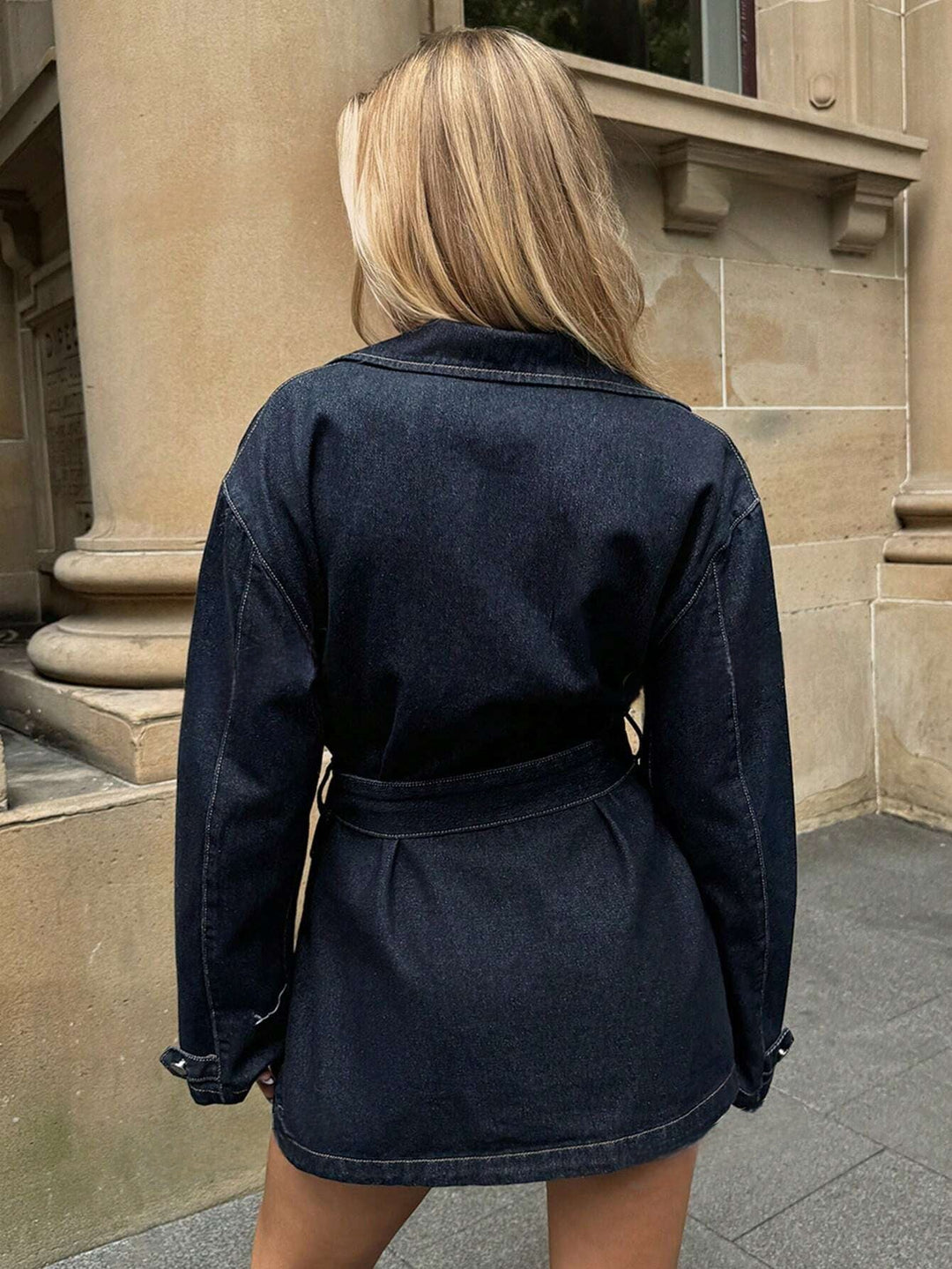 Women's Denim Jacket with Lapel Collar and Chest Pockets with Removable Belt